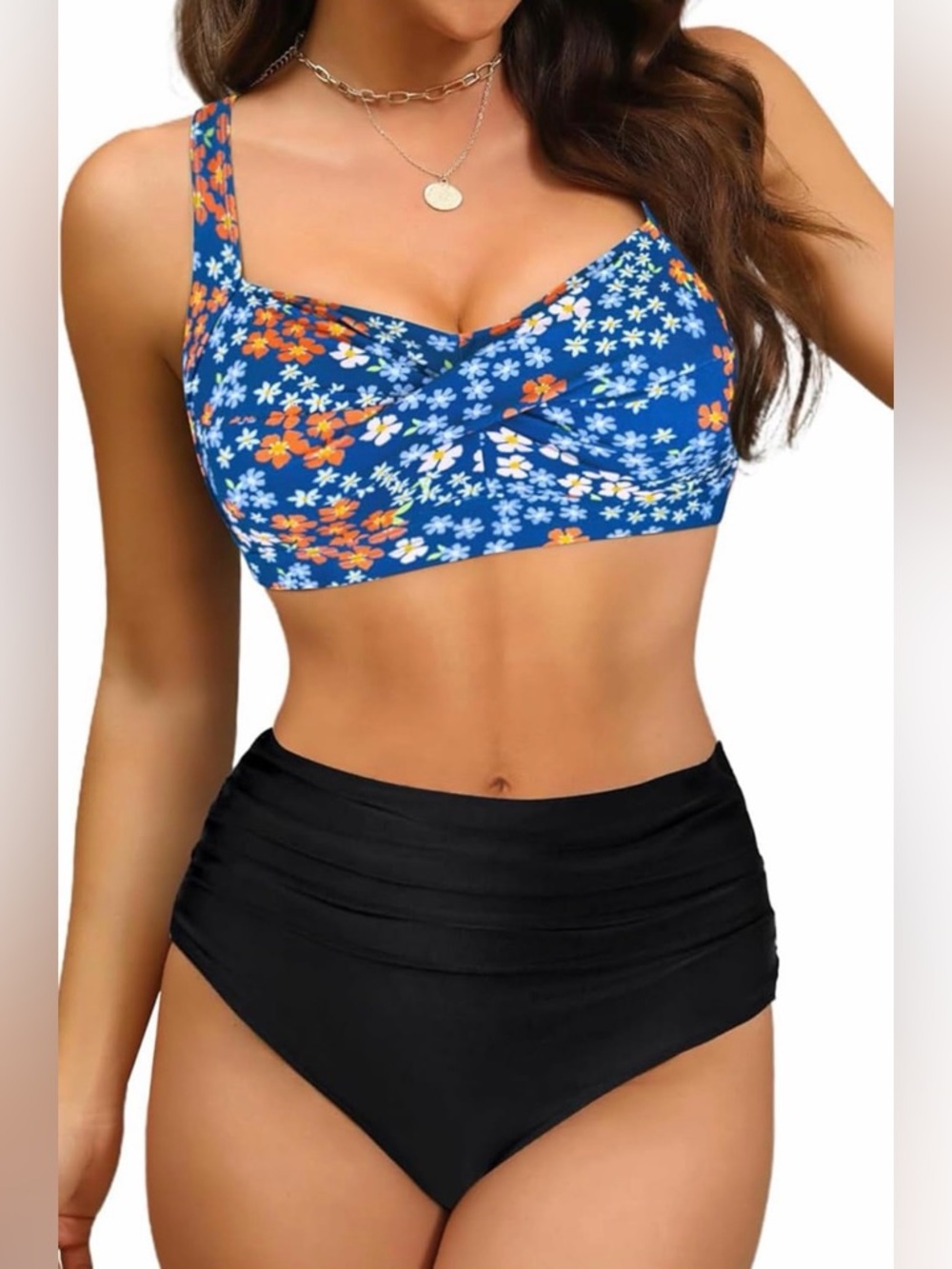 A117 Amy Babe Blue Floral Twist-Front Padded Bikini Top High-Waist Ruched Bottom